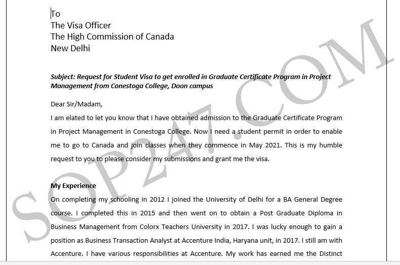 Cover letter for Visa